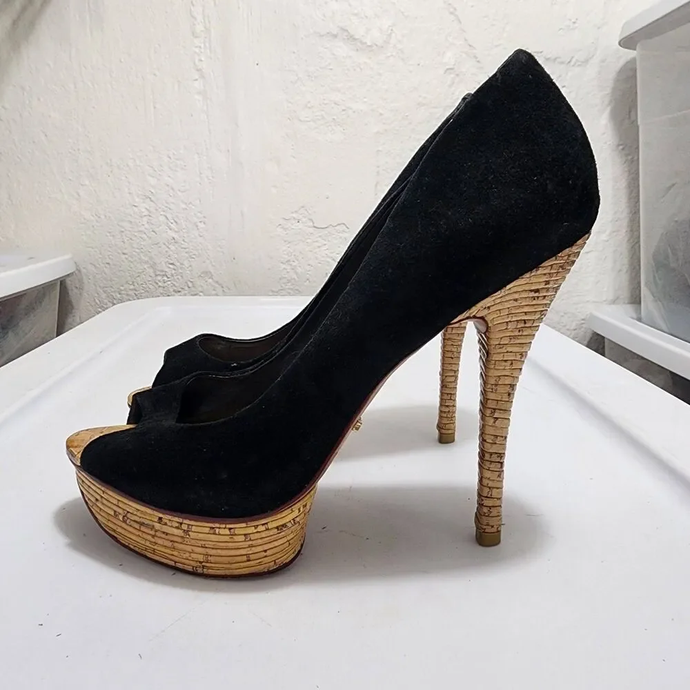 SCHUTZ Black Suede Peep Toe Platform Stiletto Heels Cork Bamboo Texture Pumps 9B